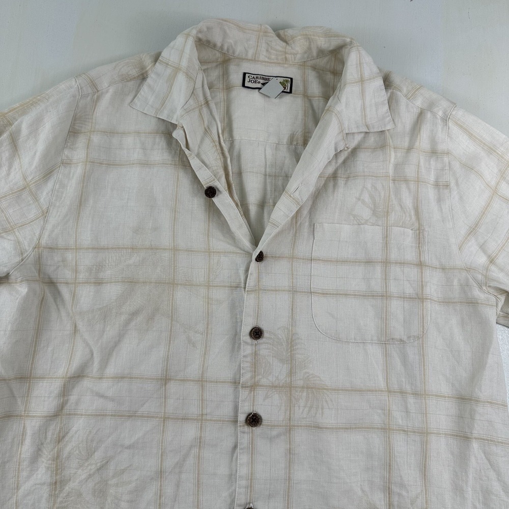 Caribbean Joe Short Sleeve Linen Shirt Men Medium Beige Camp Hawaiian Palm Trees